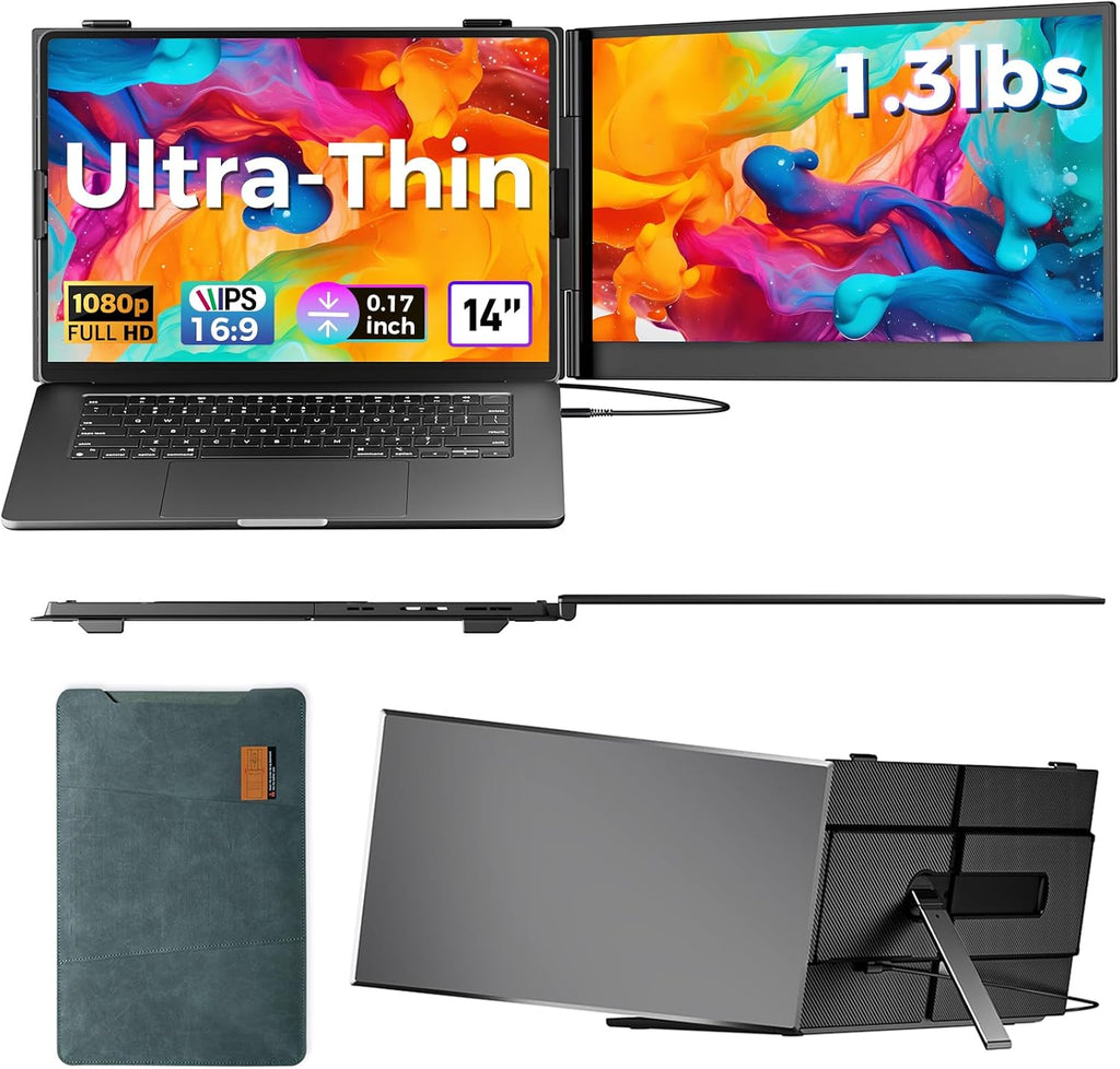 Laptop Screen Extender Ultra-Thin, 14' FHD 1080P Dual Portable Monitor for Laptop, 1.3lbs Lightweight Travel Monitor Extender Fit 13'-17.3', Plug and Play for Windows/Mac/Android/Chrome