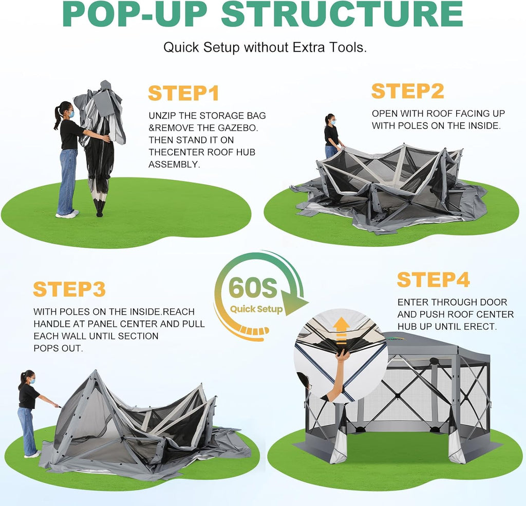 COBIZI 12x12 FT Pop Up Canopy Extendable Tent, Gazebos On Clearance With Removable Roof, Screened In Gazebo,Screen Tents Portable carpas para patio for Outdoor Camping,Backyard, Garden, Grey(Upgraded)