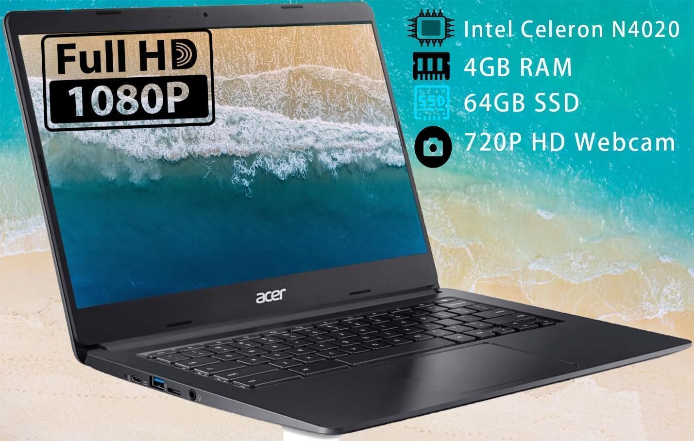 acer Chromebook Laptop - 14 Inches FHD - Touchscreen - IPS Display - 4GB LPDDR4 RAM - 64GB eMMC Storage - Intel Celeron Dual-Core Processor - Charcoal Black - 12.5 Hours Battery Life - 720p Webcam