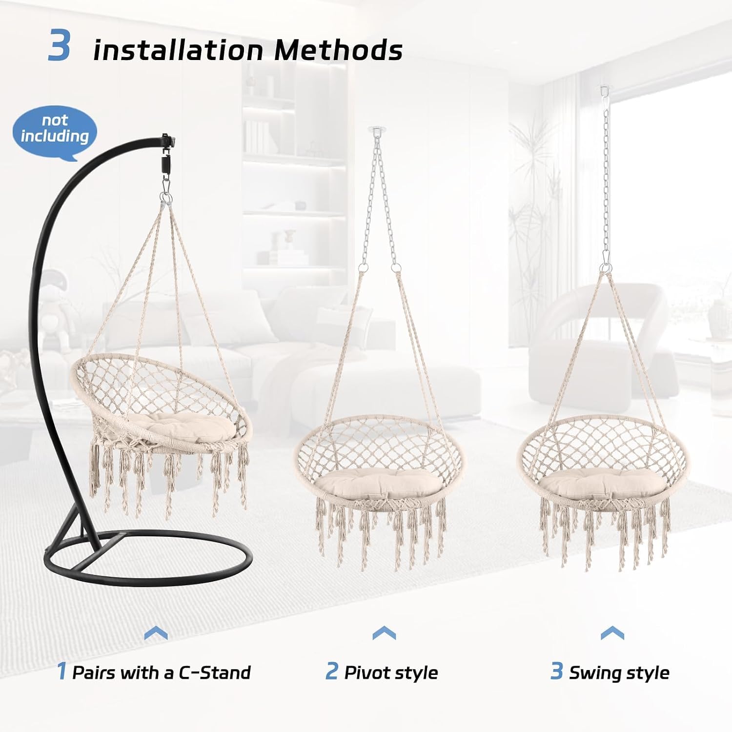 Hammock Chair, 330Lbs Swing Chair for Bedroom, Swing Chair with Comfy Cushion, Hanging Chair, for Bedroom, Porch, Adults, Balcony (Beige 2PCS)