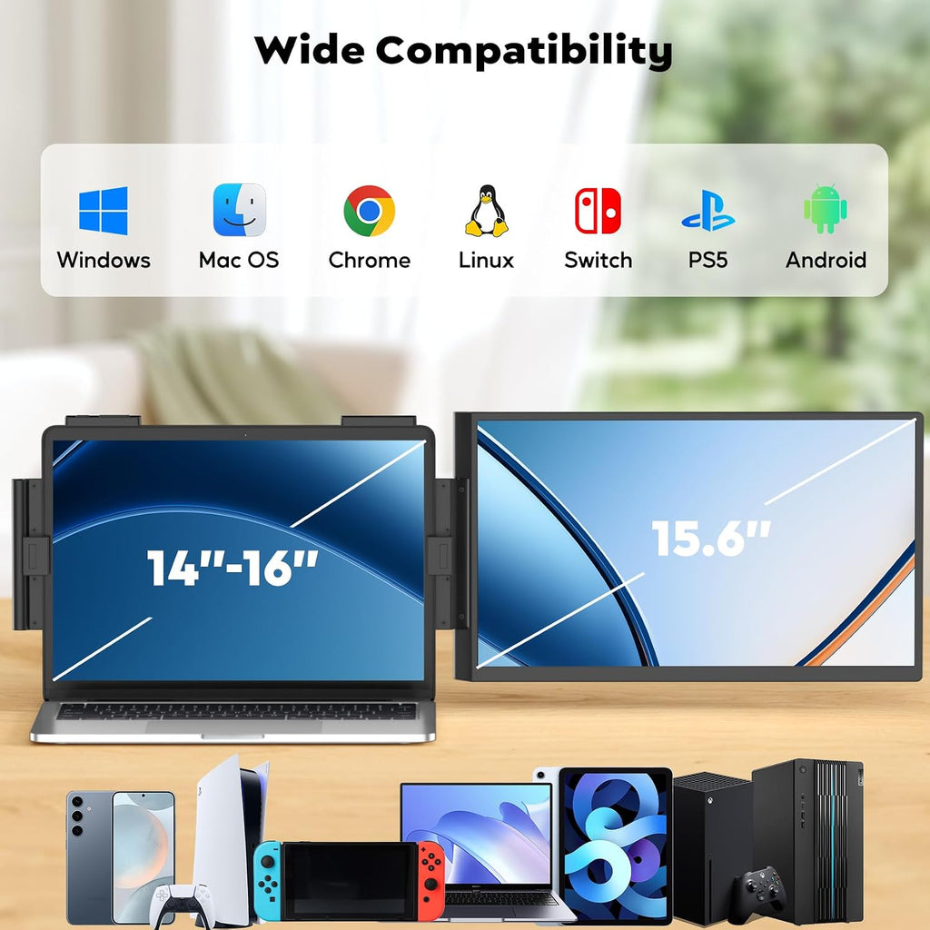 HONGO Laptop Screen Extender, 15.6' FHD 1080P Dual Monitor, Laptop Monitor Extender for 14'-16' Laptops, Second Screen with USB-C/HDMI Port, Plug n Play for Windows/Mac/Android/Switch/PS5