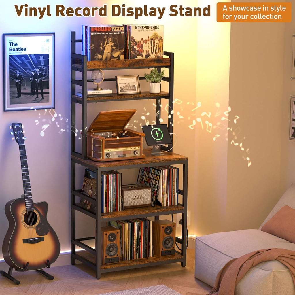 Record Player Stand with Vinyl Storage, 5-Tier Turntable Stand Holds Up 500+ Albums, Large Record Player Table with Charge Station & CD/DVD Storage Rack, Vinyl Record Stand for Living Room, Bedroom