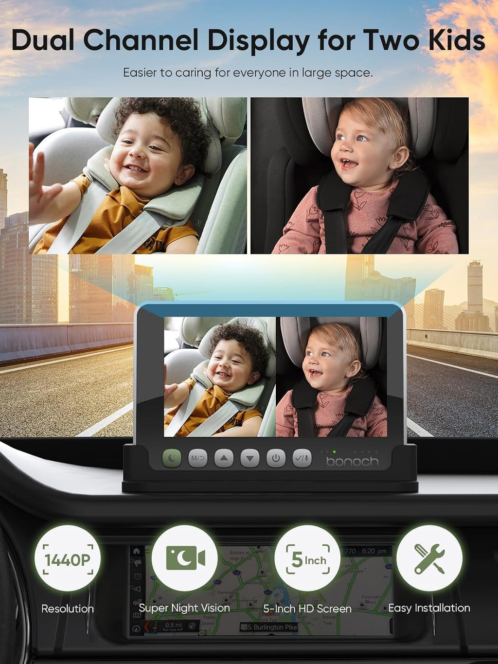 bonoch 5' 1440P Baby Car Camera for 2 Kids - 360° Rotating Adjustable Wide View Dual Cameras, Split Screen Night Vision, Easy Setup Car Seat Monitor, USB Powered with Charger, Shower Gift for Parents