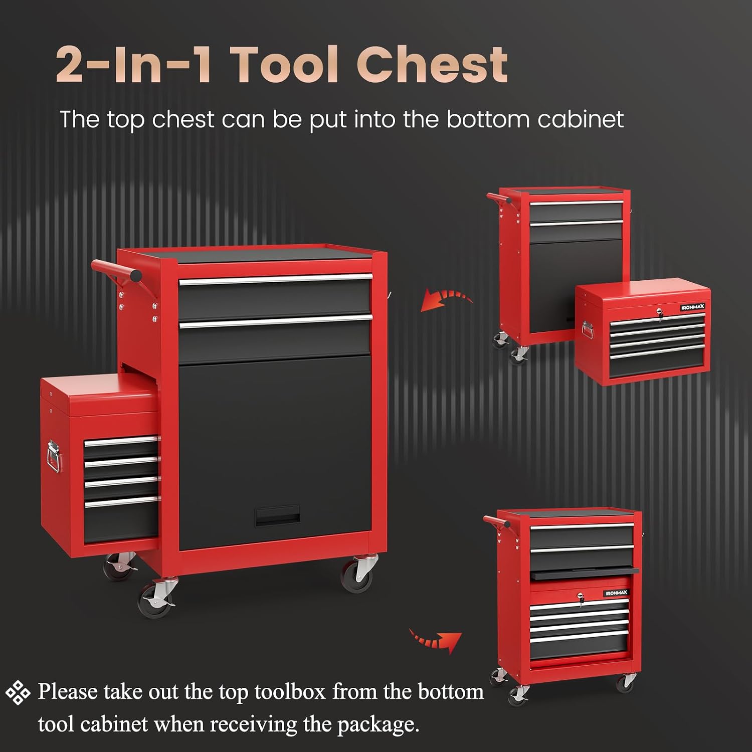 IRONMAX Rolling Tool Chest, 6-Drawer Lockable Tool Cabinet w/ 4 Universal Wheels, 2 in 1 Detachable Tool Box Storage Organizer for Garage Workshop Repair Shop (6-Drawer, Black & Red)