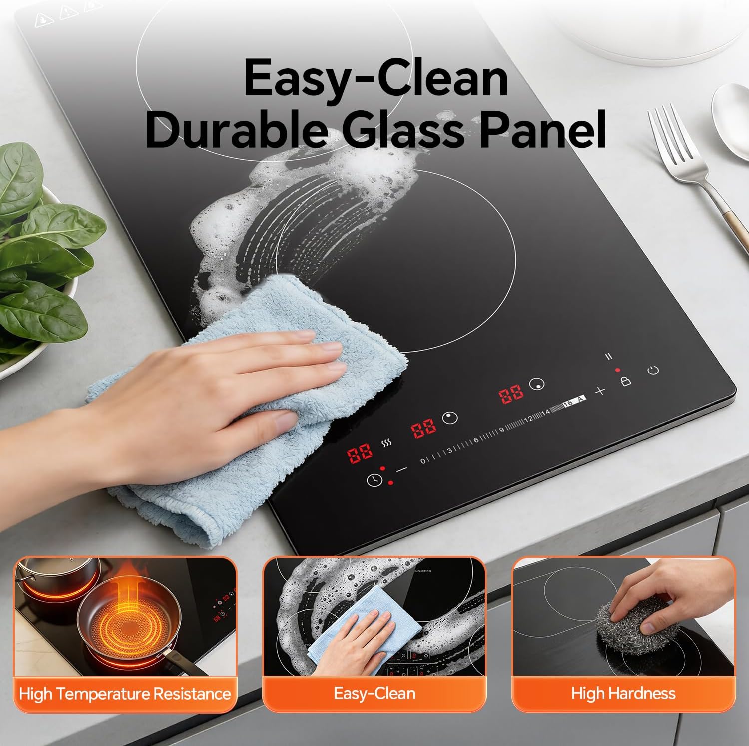 Ranein 12 Inch 2 Burner Electric Cooktop, Max 3000W 240V Ceramic Panel Built-in Electric Stove Top, with Child Safety Lock, Timer, Over-Temperature Protection