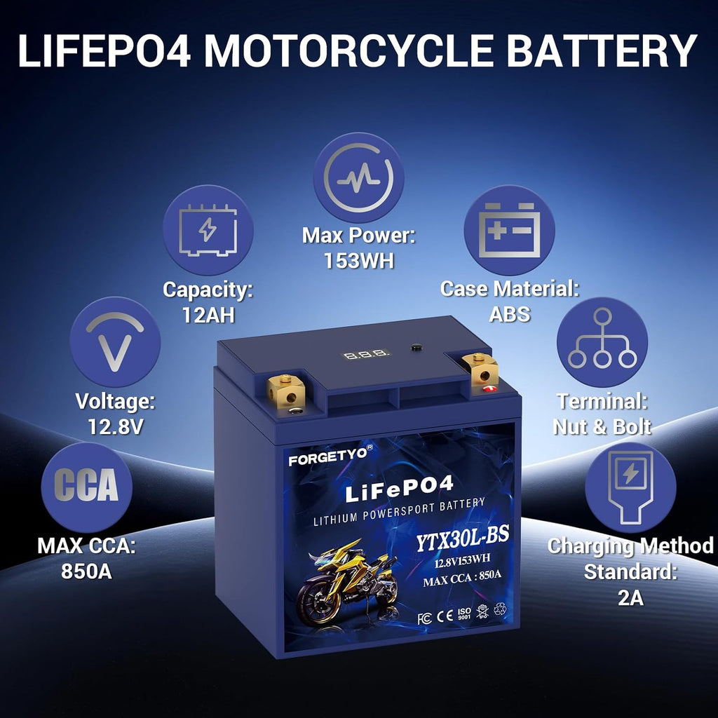 Lithium YTX30L-BS, 850A LiFePO4 Motorcycle Battery, 12V 12AH ATV, UTV, Jet Ski, 4 Wheeler, Snowmobile, Personal Watercraft, Seadoo, Polaris, Tractor,Generator and Riding Lawn Mower Battery