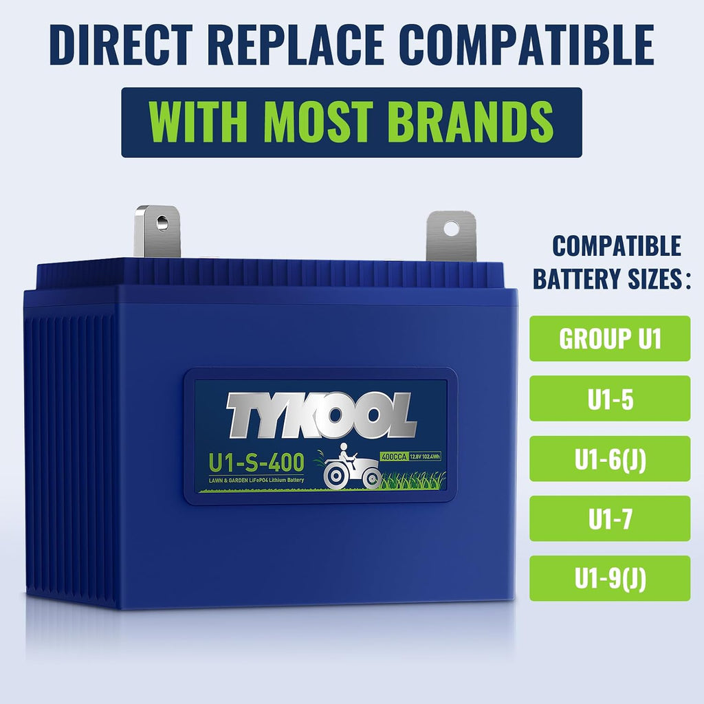 TYKOOL 400 CCA 8Ah, Group U1 LiFePO4 Lithium Lawn Mower Battery, Garden Tractor Battery, Compatible for Ride on Lawn Tractor and Mower, Fits for Cub Cadet, John Deere, Troy-Bilt Mower, Craftsman [+ -]