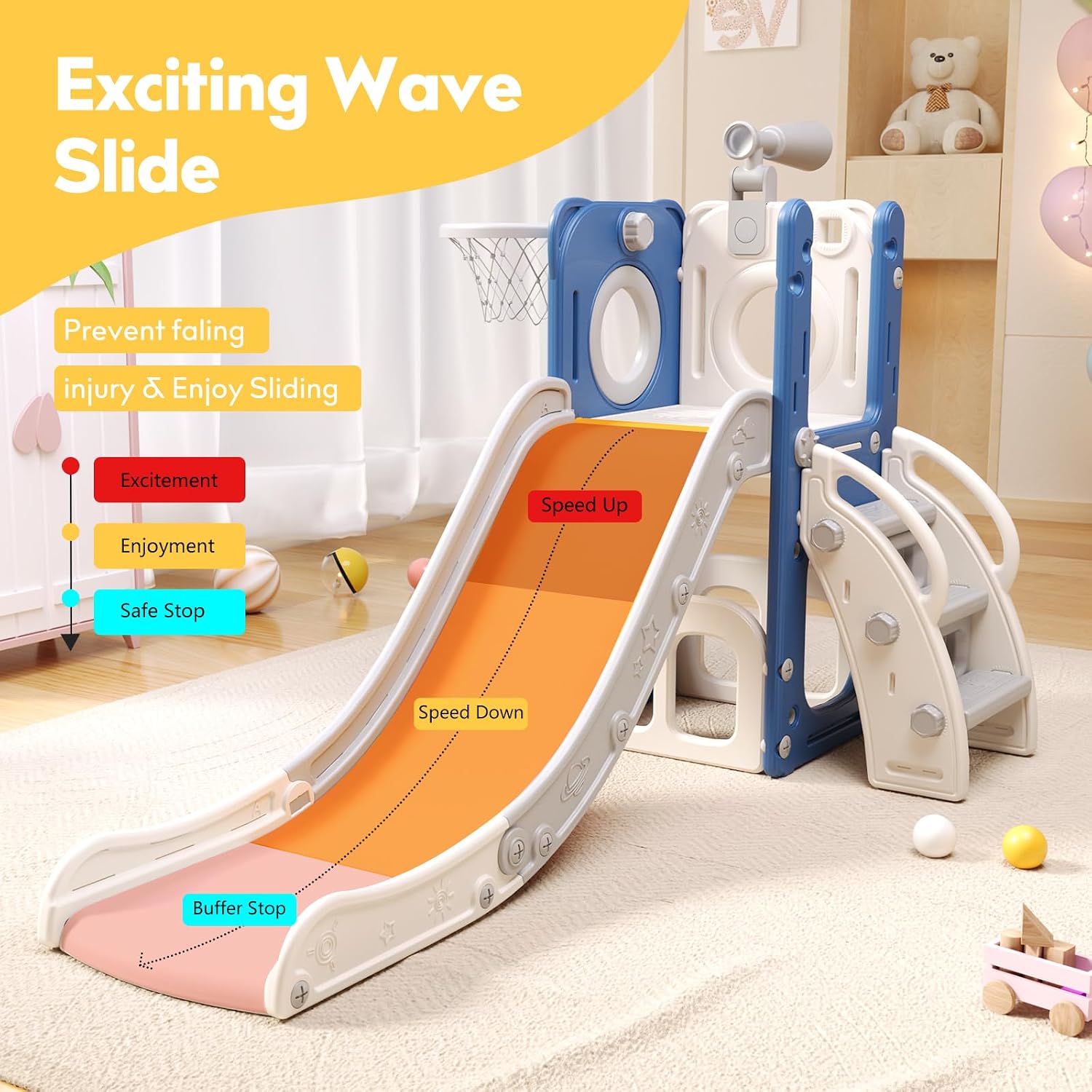 6 in 1 Toddler Playset with Slide,Toddler Slide,Slide for Kids with Basketball Hoop,Ball,Ring Toss,Kids Slide Toddler Playground Toddler Slide Indoor Outdoor Toys