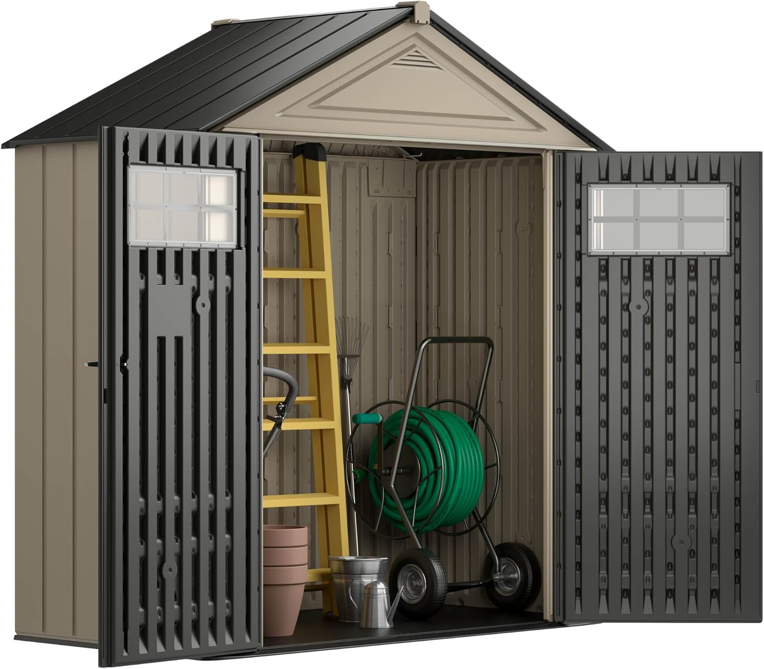 Rubbermaid Resin Outdoor Storage Shed With Floor (7 x 3.5 Ft) Weather Resistant, Brown Gable, Organization for Home/Backyard/Garden Tools/Lawn Mower/Bike Storage/Pool Supplies