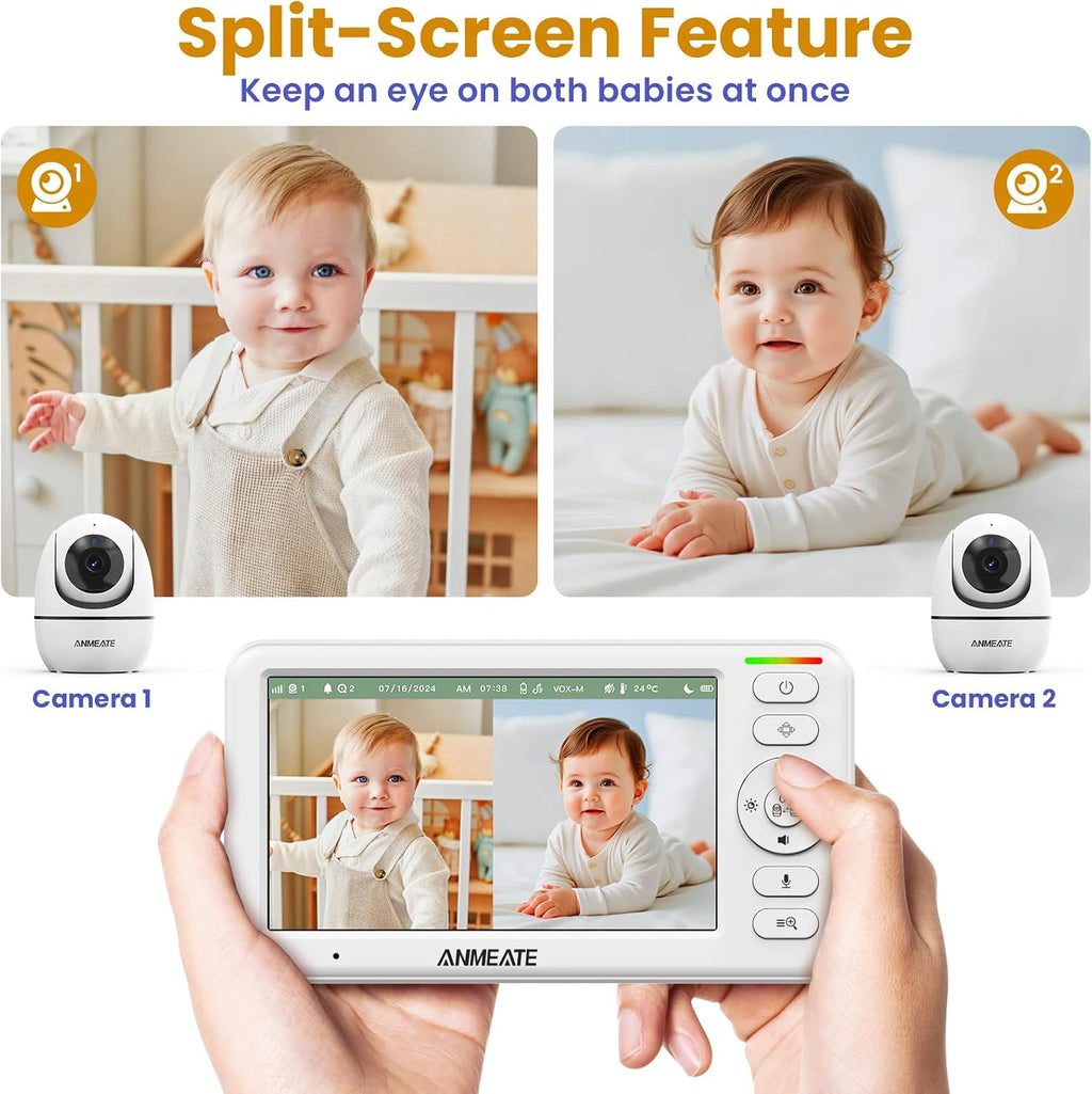 ANMEATE 5' Split Screen Baby Monitor with 2 Cameras, No WiFi Secure FHSS, Remote PTZ, 1000ft Range, 30-Hour Battery, Auto Night Vision, Room Temperature, Two-Way Audio Intercom