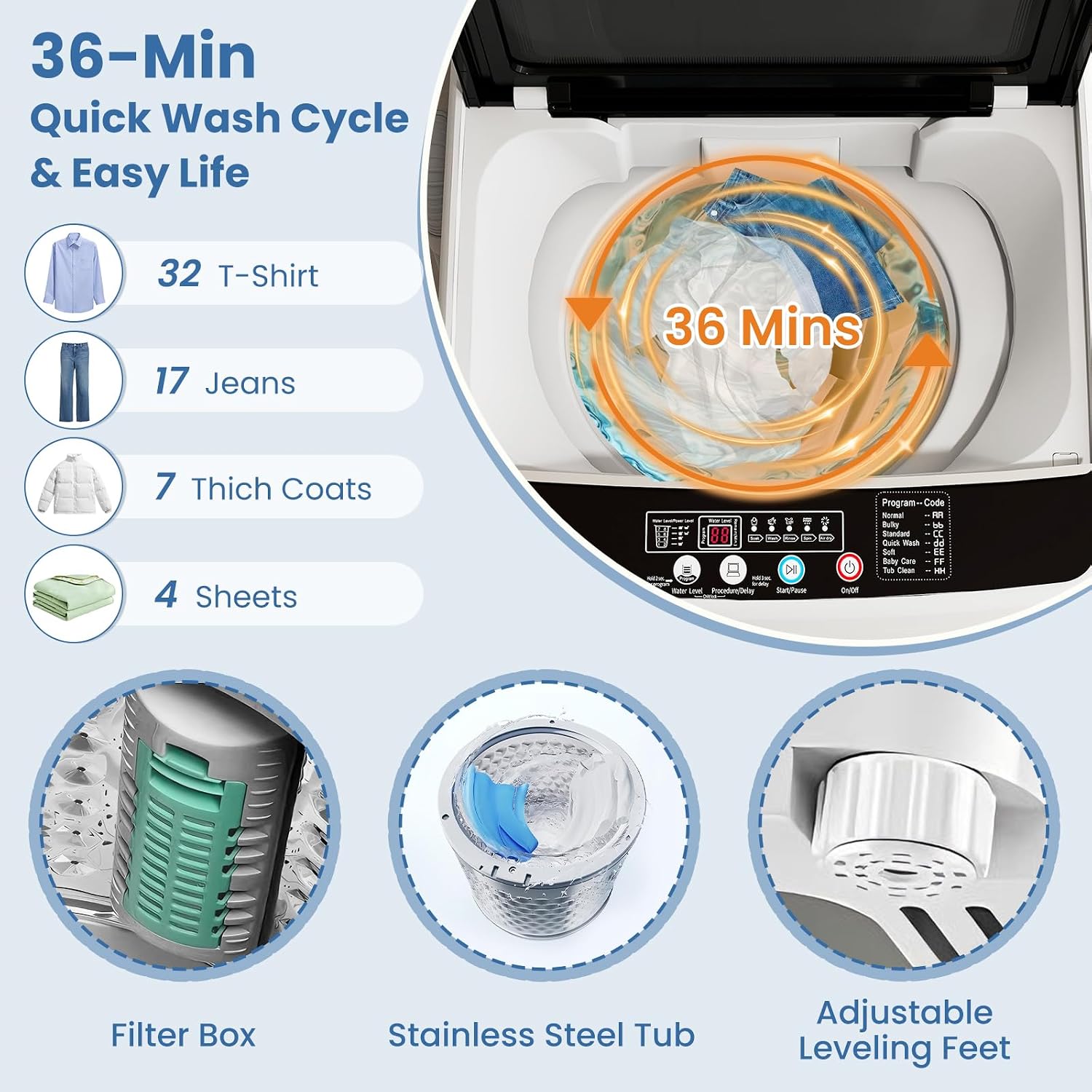 VCJ Portable Washing Machine, 35 LBS Large Capacity Full-Automatic Portable Washer with 12 Wash Cycles, 8 Water Levels & 24H Delay, Compact Electric Laundry Washer for Apartment, Dorms,RVs