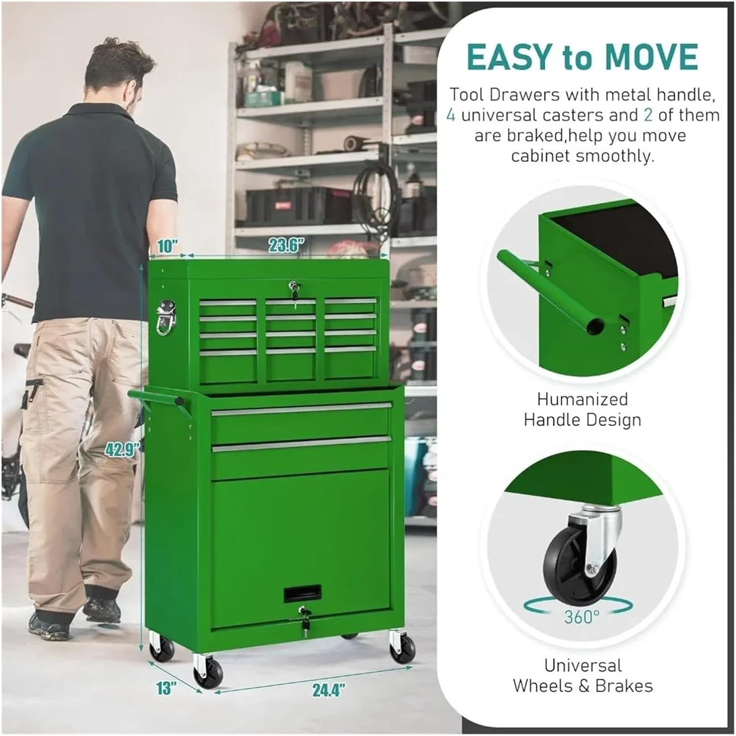 Multifunctional Rolling Tool Chest, 8-Drawer Tool Box, 2 in 1 Detachable Tool Chests & Box, Portable Steel Tool Cabinets w/Lockable Wheels & Sliding Drawers for Warehouse, Garage for Garage