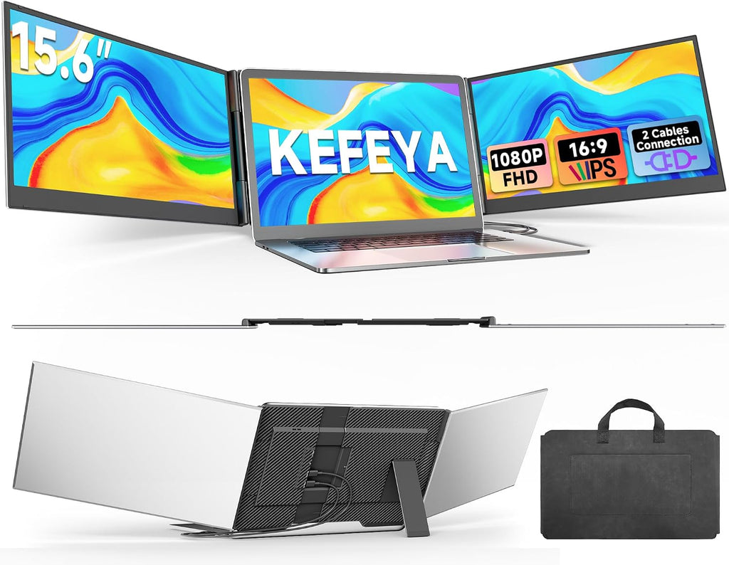 KEFEYA Laptop Screen Extender 15.6', FHD 1080P Portable Triple Monitor for Laptops 13-17.3', 0.16' Ultra-Thin Dual Laptop Monitor Extender for Windows/Mac/Dex/Chrome/Surface, Plug n Play