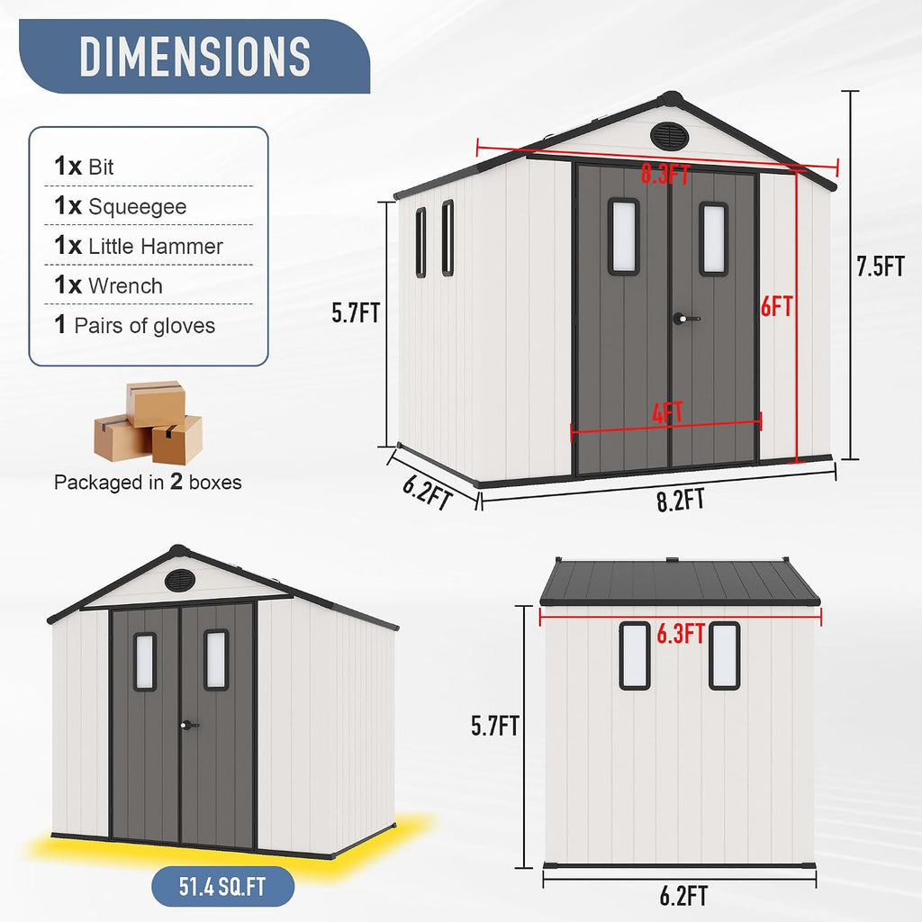 ‌Yokayoay 6x8 FT Resin Storage Shed, Featuring 0.6' Thick Panels, Weatherproof Outdoor Tool Shed with Floor for Garden, Lawn, Backyard