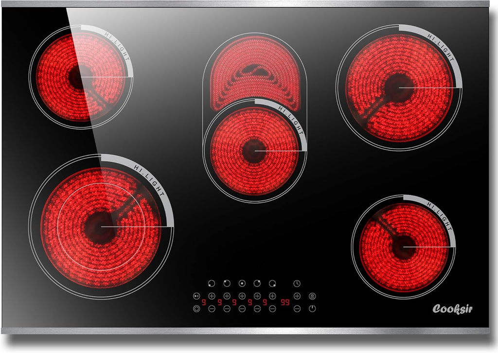 Electric Cooktop 30 Inch - 5 Burner Electric Stove Built-in(29.13'x19.3') 8400W High Power, 30 In Ceramic Stove Touch Control with Timer, Safety Lock, Glass Metal Frame, 220-240V Hard Wired