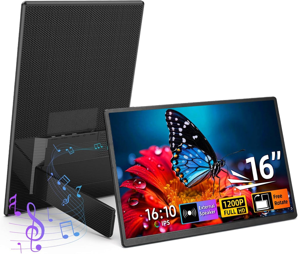 Portable Monitor 16' 1200P FHD Laptop Screen Extender, Horizontal Vertical Monitors with External Speakers, 100% sRGB Plug & Play Computer Gaming Travel Second Screen for Wins Mac Phone PS5 Xbox