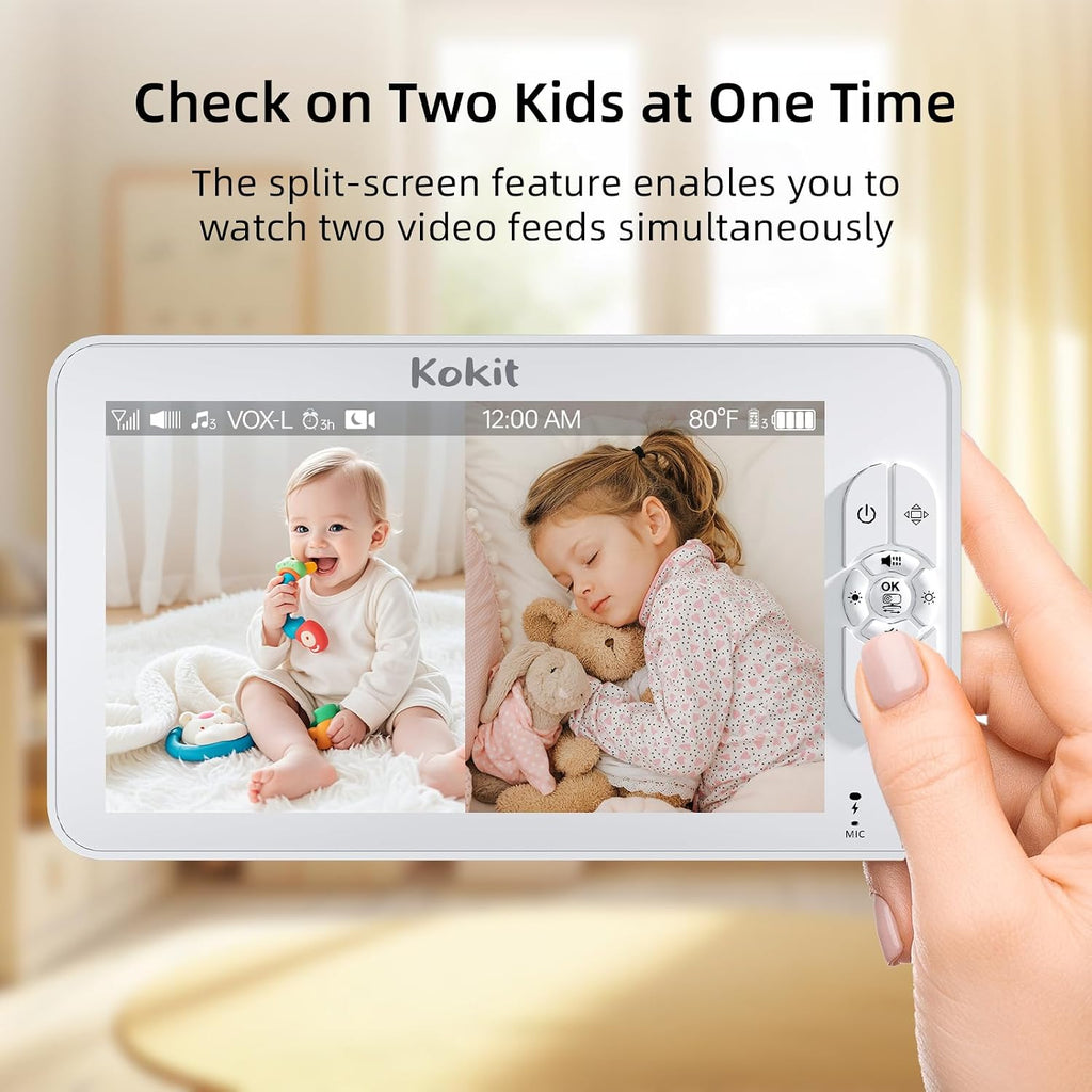 Baby Monitor with Camera and Audio - 7' Split Screen, 5000mAh Battery (100H in VOX), 1080P PTZ Baby Camera Monitor with Flexible Mount, No WiFi Baby Monitor, Secure 2.4GHz FHSS