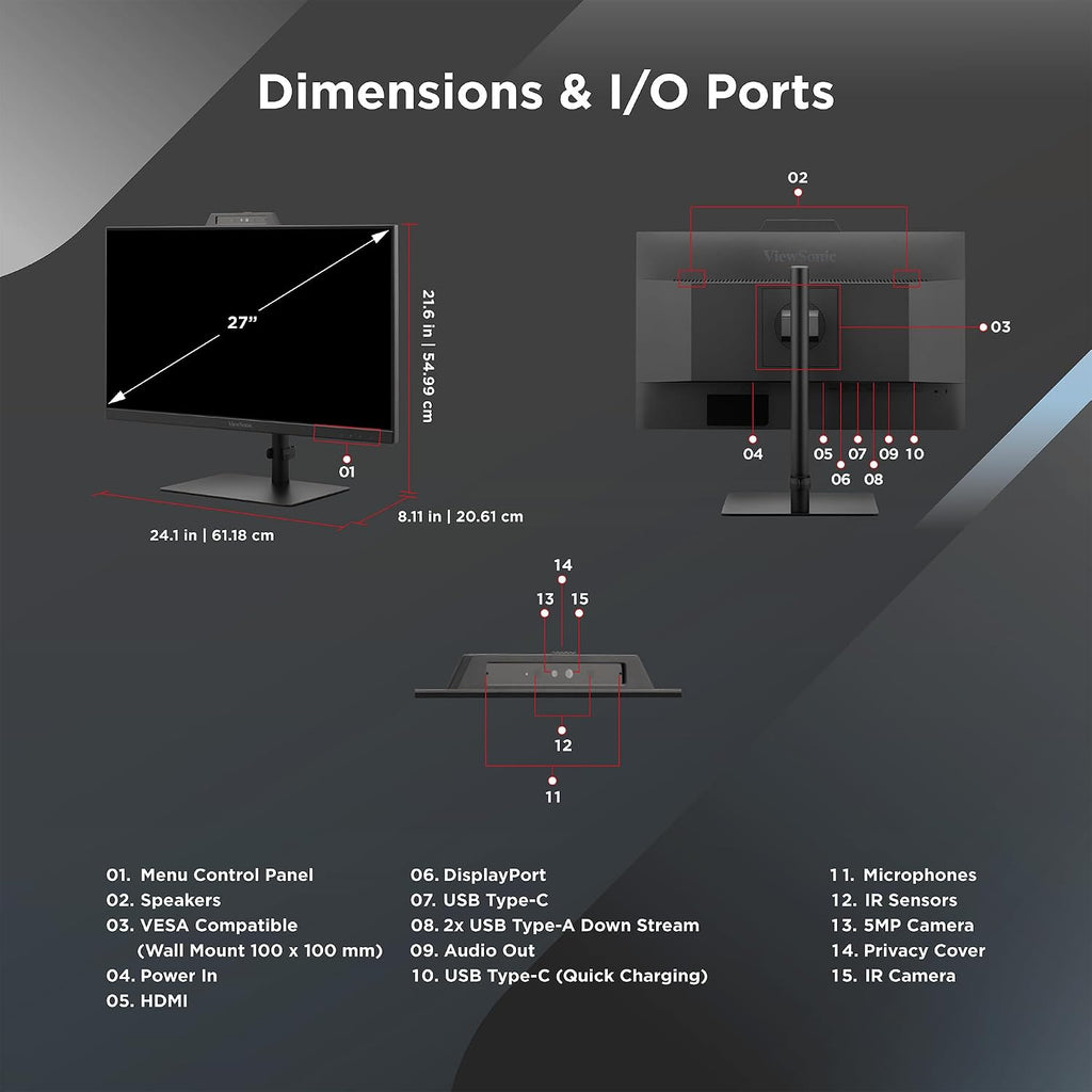 ViewSonic VG2741V 27 Inch 1080p Monitor, IPS Display with Windows Hello, Built-in Microphone, and IR 5MP Webcam for Smooth Video Conferencing, Advanced Ergonomics, USB-C, HDMI, and DisplayPort Inputs