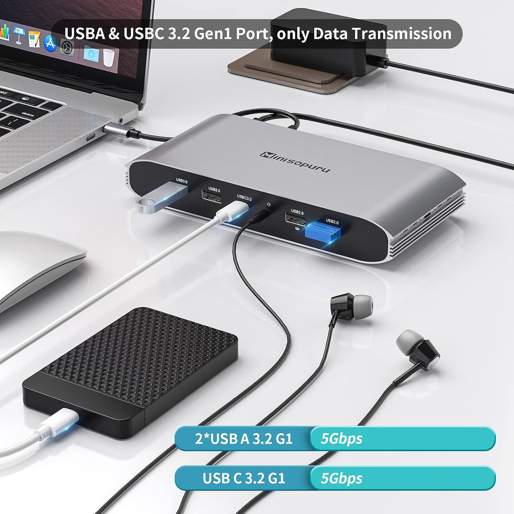 Minisopuru Displaylink Triple Display Docking Station for MacBook M1/M2/M3/M4/Windows,DisplayLink Docking Station with 2 HDMI & 2 DisplayPort,100W Charge, USB-C Data, Ethernet, Audio, 4 USBA Ports