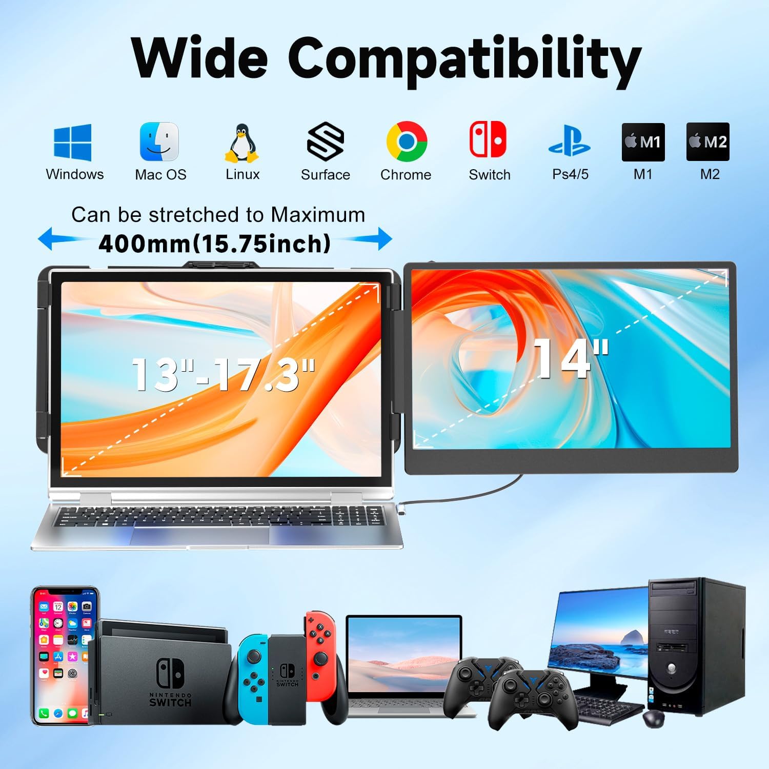 KEFEYA Laptop Screen Extender, 14' Portable Monitor for Laptops 13-17', 1080P FHD IPS Monitor Extender for Laptop with USB-C/HDMI Port, Plug n Play for Windows/Chrome/Mac/Switch/PS5