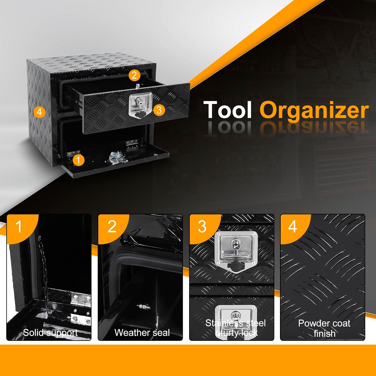 24' Truck Tool Box With One Lower Door and drawer,Heavy-Duty Aluminum 5 Bar Tread Double-layer Toolbox, 24'x 20'x 18' Truck bed Tools Storage Organizer W/Lock and Keys For Truck, Van, Trailer