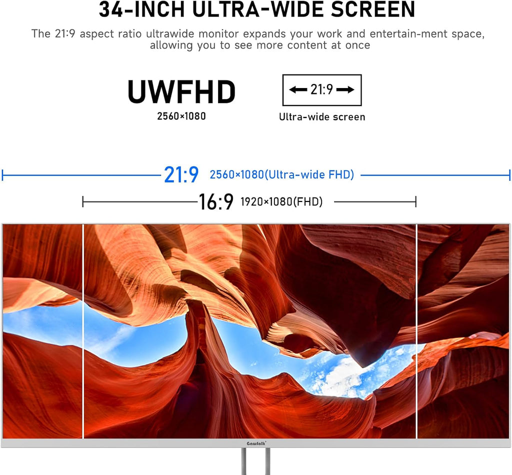 Gawfolk 34 Inch IPS Ultrawide 120Hz Gaming Computer Monitor, 21:9 UWFHD (2560x1080) PC Screen, 120% sRGB, Adaptive Sync, 178° Viewing Angle, Display Port, HDMI, Compatible with Wall mounting - White