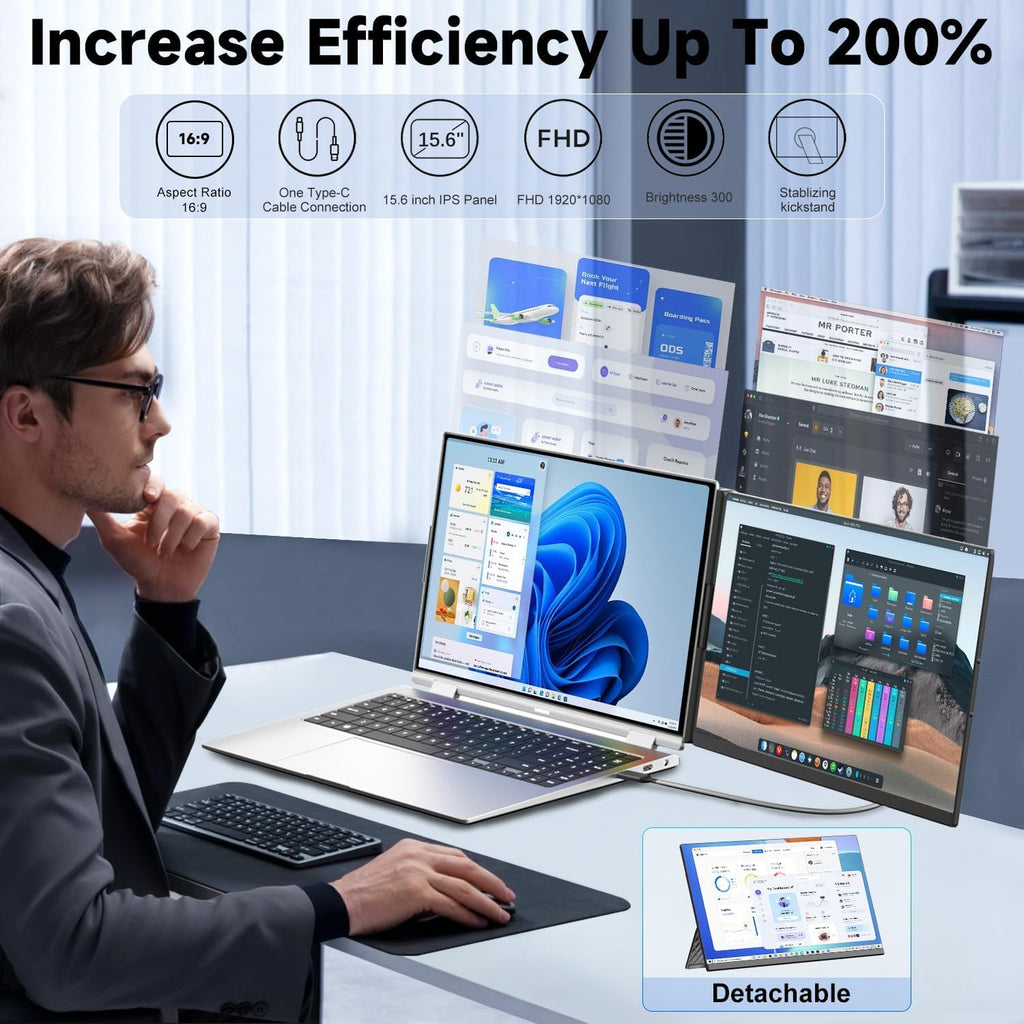 KEFEYA Laptop Screen Extender, 15.6' FHD 1080P IPS Laptop Monitor Extender Detachable, Portable Monitor for Laptops 13-17.3' with Breath Light, Plug n Play for Windows/Mac/Android/Switch/PS5