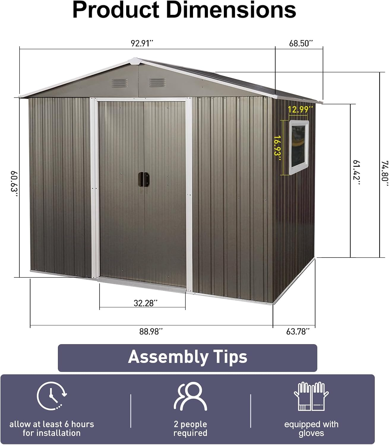 8 x 6 FT Outdoor Storage Shed, Metal Garden Shed with Floor Frame, Tool Shed Outdoor Storage with Lockable Sliding Doors & Window & Air Vents, Storage House Waterproof for Backyard, Lawn, Gray