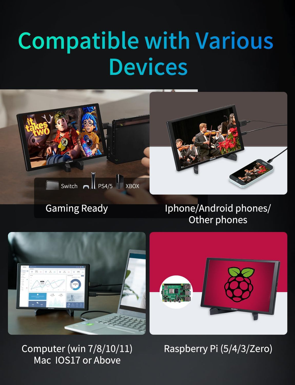FEELWORLD D10 Touch Screen Portable Monitor,10.1 Inch FHD 1920x1200 HDMI USB-C Second External Monitor for Laptop,Desktop,MacBook,Phones,Tablet,PS5/4,Xbox,Switch,Raspberry Pi Screen with Dual Speake