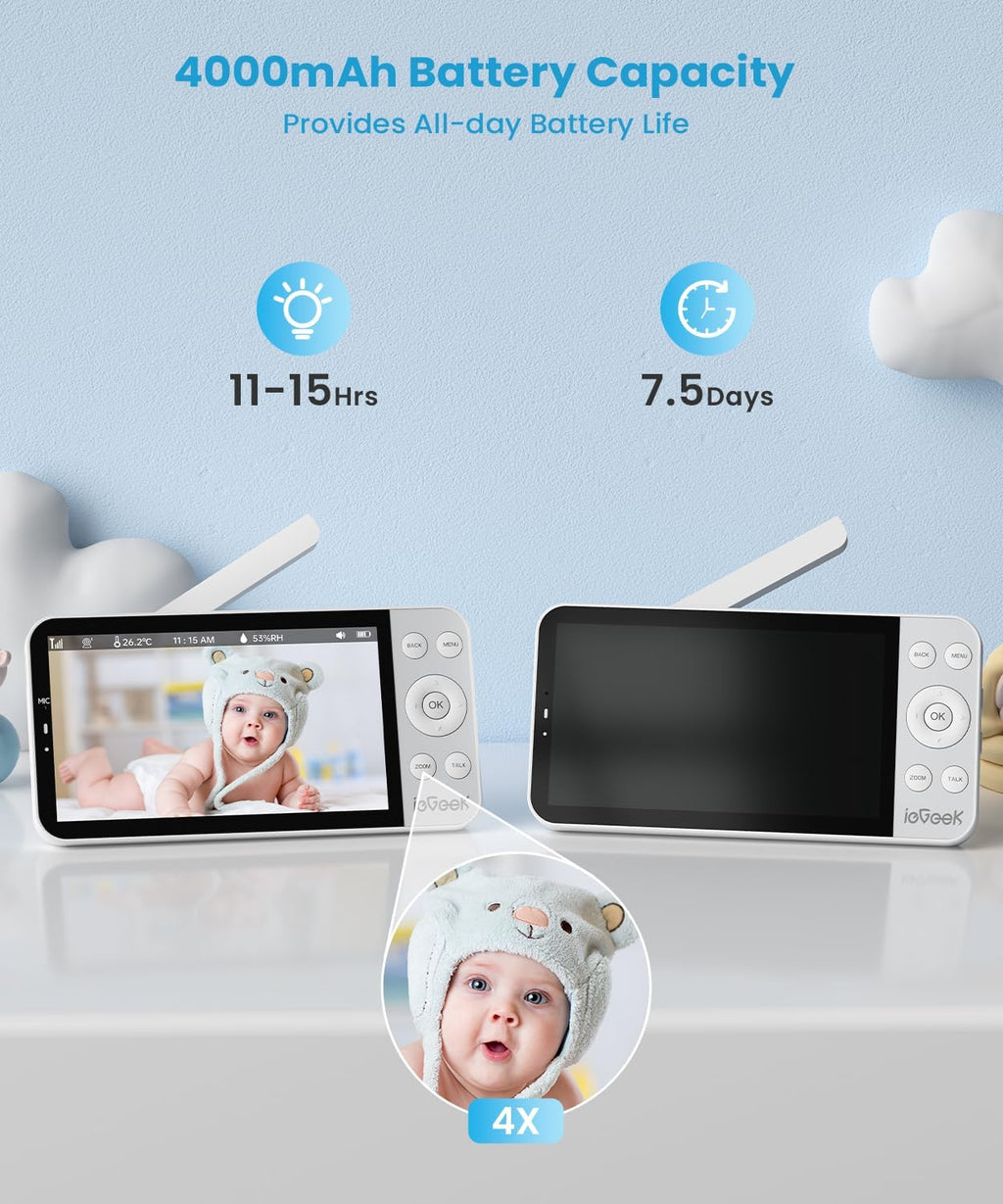 ieGeek 5.5' Baby Monitor,Audio Monitor with 2.5K Ultra HD 2.4G&5Ghz WiFi Camera,Night Light,Face Covering&Cry Detection,Two-Way Talk,Night Vision,Temp&Humidity Sensor,4000mAh Battery,App Control