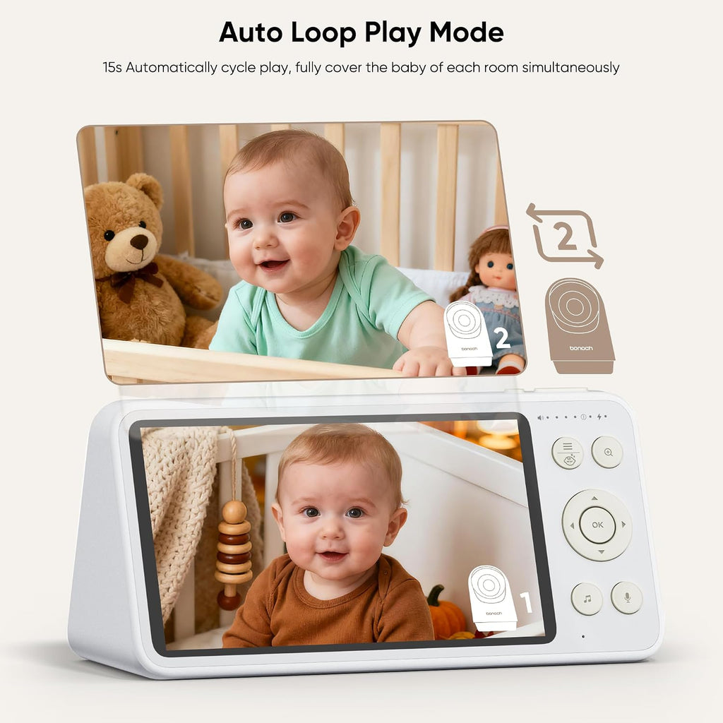 bonoch 2K 5.5' Split Screen Baby Monitor with 2 Cameras, 240hrs Battery Dual Video Monitor, White Noise, 1600ft Long-range, Hack-Proof No WiFi, Night Vision, Smart Detect for Cry/Sleep Turnover/Motion