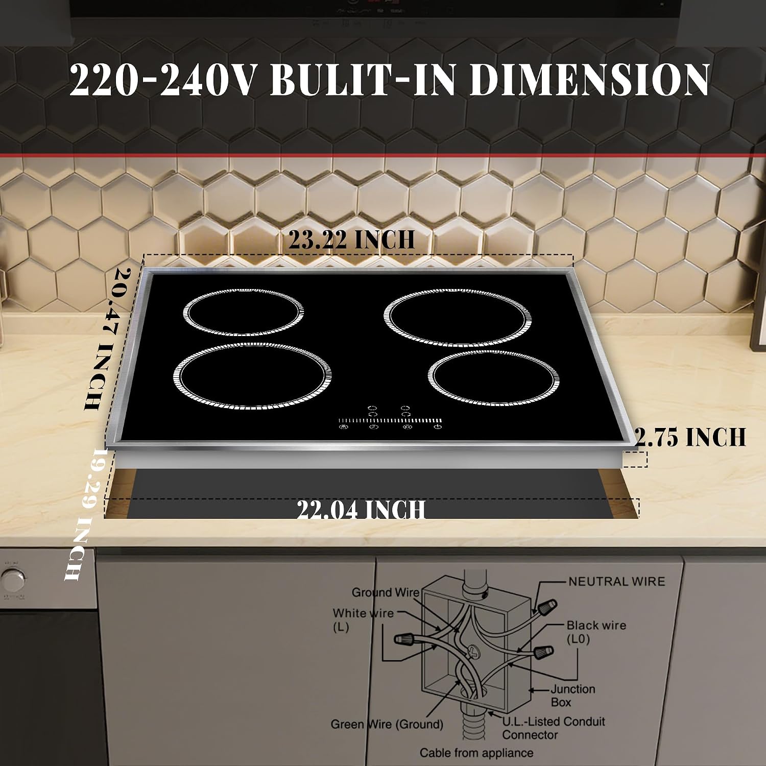 24 Inch Electric Cooktop 4 Burner Electric Stove, 24' Built-in Ceramic Stovetop with Slide Control, Timer, Child Lock, 9 Heating Level, 6000W, 220-240v, No Plug, Hard Wire