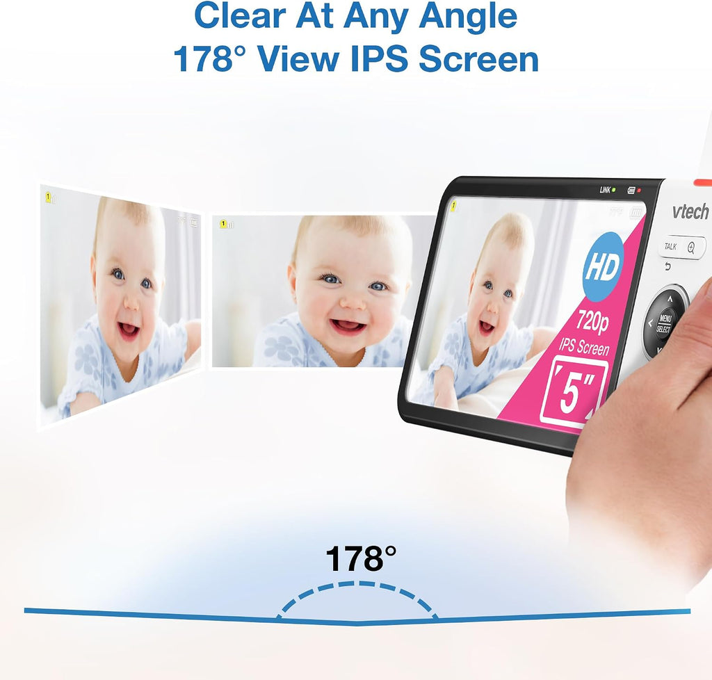 VTech VM928-2HD 5' 720p HD Display 2 Cameras Baby Monitor,110 Wide Angle View,Remote Pan-Tilt-Zoom,Night Vision,Up to 1000ft Range,Temperature Sensor,9 Soothing Sounds & Lullabies,2-Way Talk,No WiFi