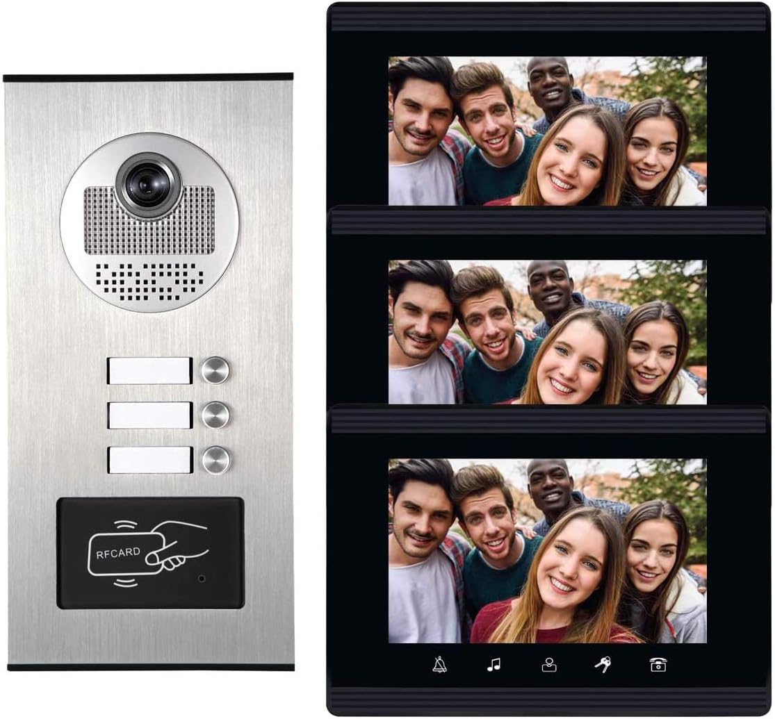 Upgrade Versions 3 Units Apartment Intercom System 7 inch Touch Monitor Video Door Phone Kits Support Ethernet Cable Connect, Single-Supply, ID Keyfobs Unlock for Home Apartment