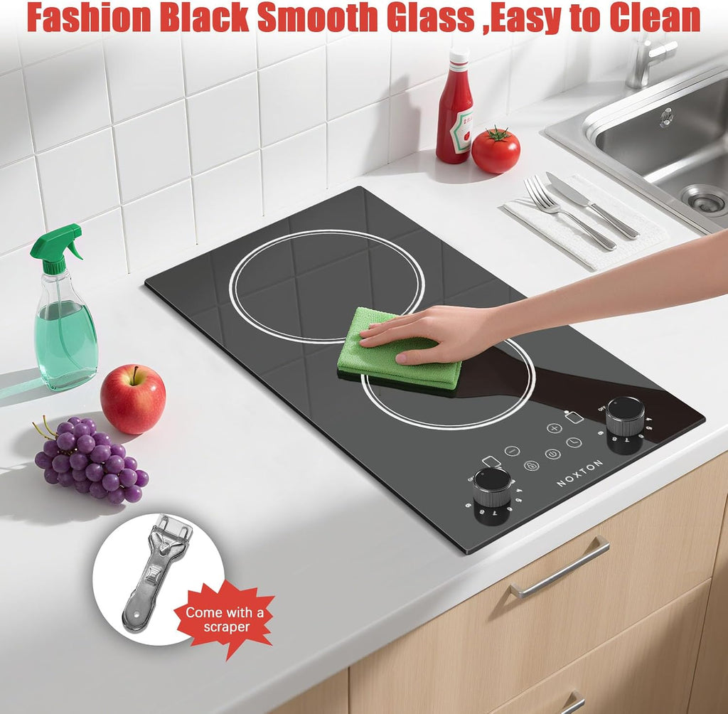 Noxton 2 Burners Electric Cooktop, 12 Inch 110V Radiant Ceramic Stove with Knob & Touch Control, 2000W Built-in or Countertop Electric Hot Plate, Timer, Child Lock, Residual Heat Indicator(BW)