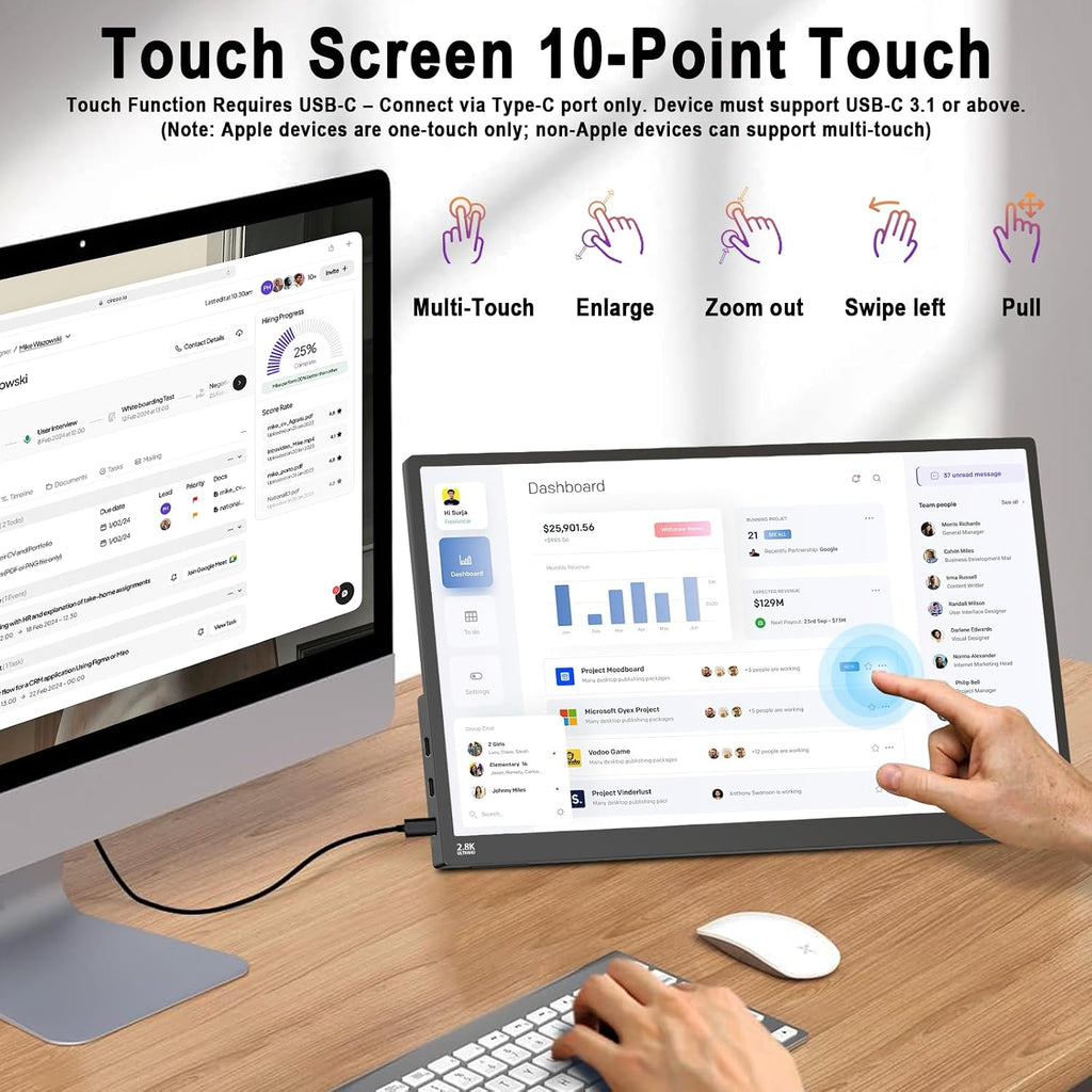 2.5K 100Hz Portable Monitor Touchscreen, 15.6'' QHD 2880x1620 300 Nits 100% sRGB IPS Gaming Monitor w/VESA HDR FreeSync Eye Care USB-C HDMI External Second Screen for Laptop PC Phone Switch PS3/4/5