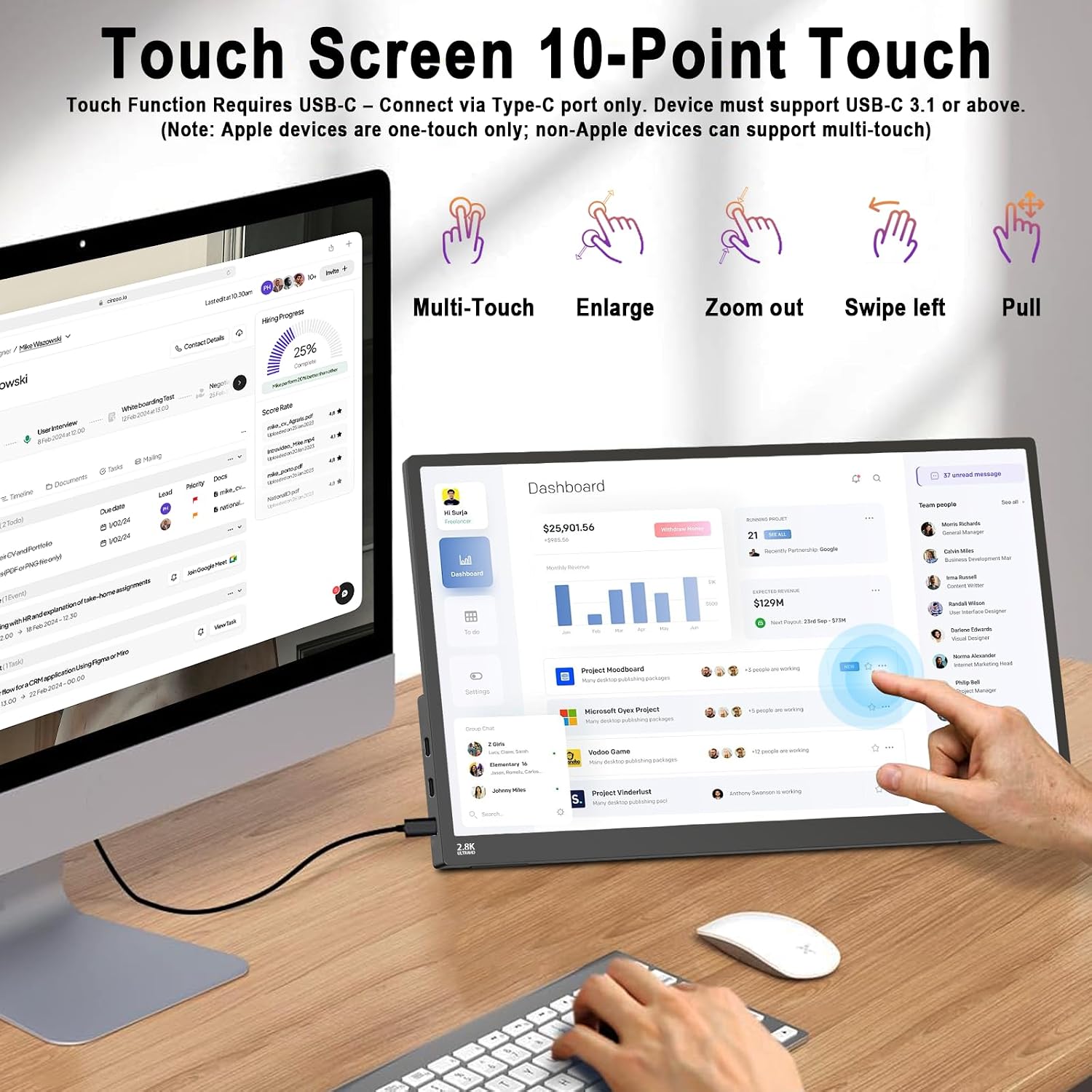 2.5K 100Hz Portable Monitor Touchscreen, 15.6'' QHD 2880x1620 300 Nits 100% sRGB IPS Gaming Monitor w/VESA HDR FreeSync Eye Care USB-C HDMI External Second Screen for Laptop PC Phone Switch PS3/4/5