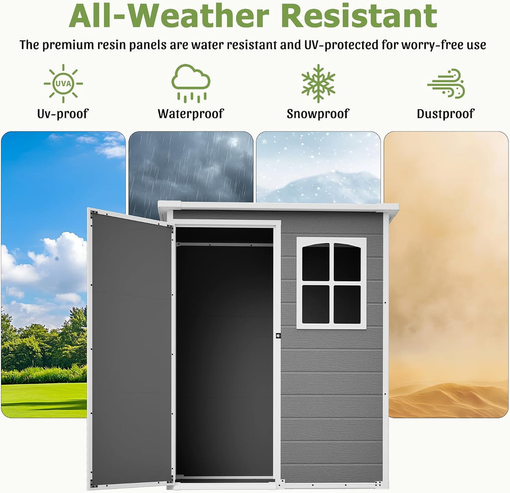 Resin Outdoor Storage Shed Kit Plastic Sheds Perfect to Store Patio Furniture, Garden Tools Bike Accessories, Beach Chairs and Lawn Mower, Grey (5x3 ft)