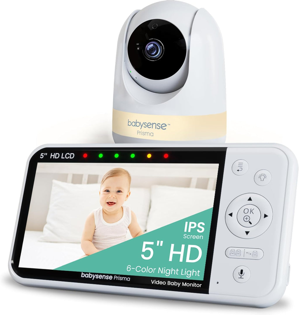Babysense Prisma Baby Monitor with Camera and Audio, 5' HD Video Baby Monitor, 6-Color Night Light, Split Screen, Baby Sound Machine with White Noise & Lullabies, Secure No WiFi