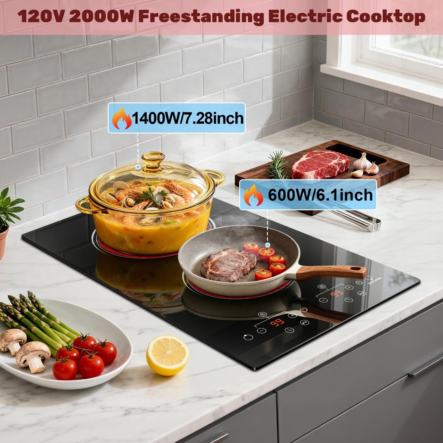 2 Burner Electric Cooktop 2000W, 12 Inch Electric Cook Top Plug in 110V, Electrics Stove with Touch Control, Countertop & Built-in Ceramic Stovetop, 9 Heating Level, Timer, Residual Heat Indicator