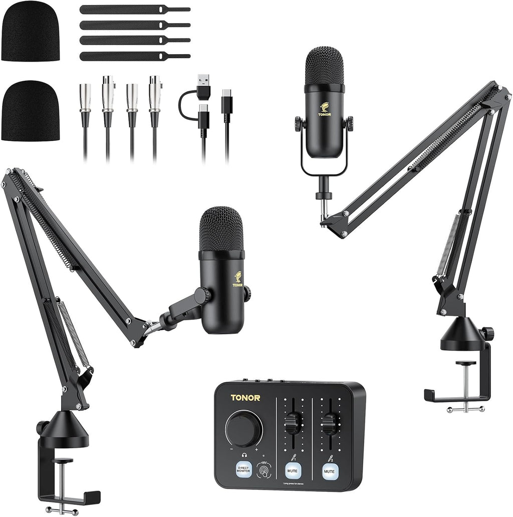 TONOR Podcast Equipment Bundle for 2, Audio Mixer with Dynamic Microphone and Boom Arm Set, XLR Mic with Studio Audio Interface, Boom Arm, All-in-One Pack for Recording, Podcasting, Streaming, POD-2