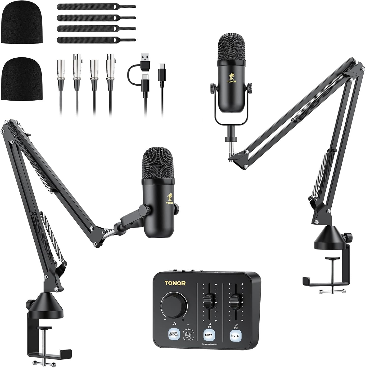 TONOR Podcast Equipment Bundle for 2, Audio Mixer with Dynamic Microphone and Boom Arm Set, XLR Mic with Studio Audio Interface, Boom Arm, All-in-One Pack for Recording, Podcasting, Streaming, POD-2