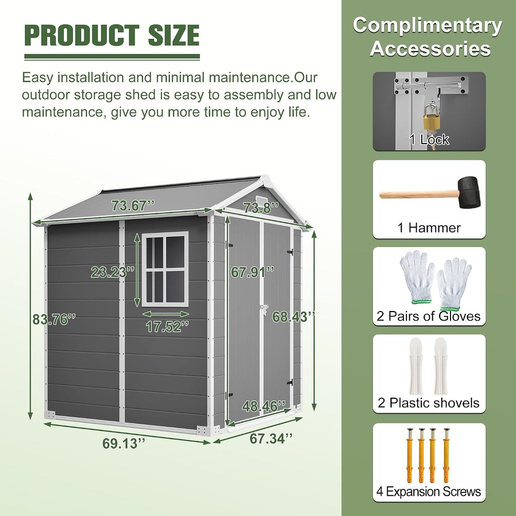 Resin Outdoor Storage Shed Kit Plastic Sheds Perfect to Store Patio Furniture, Garden Tools Bike Accessories, Beach Chairs and Lawn Mower, Grey (6x6 ft)