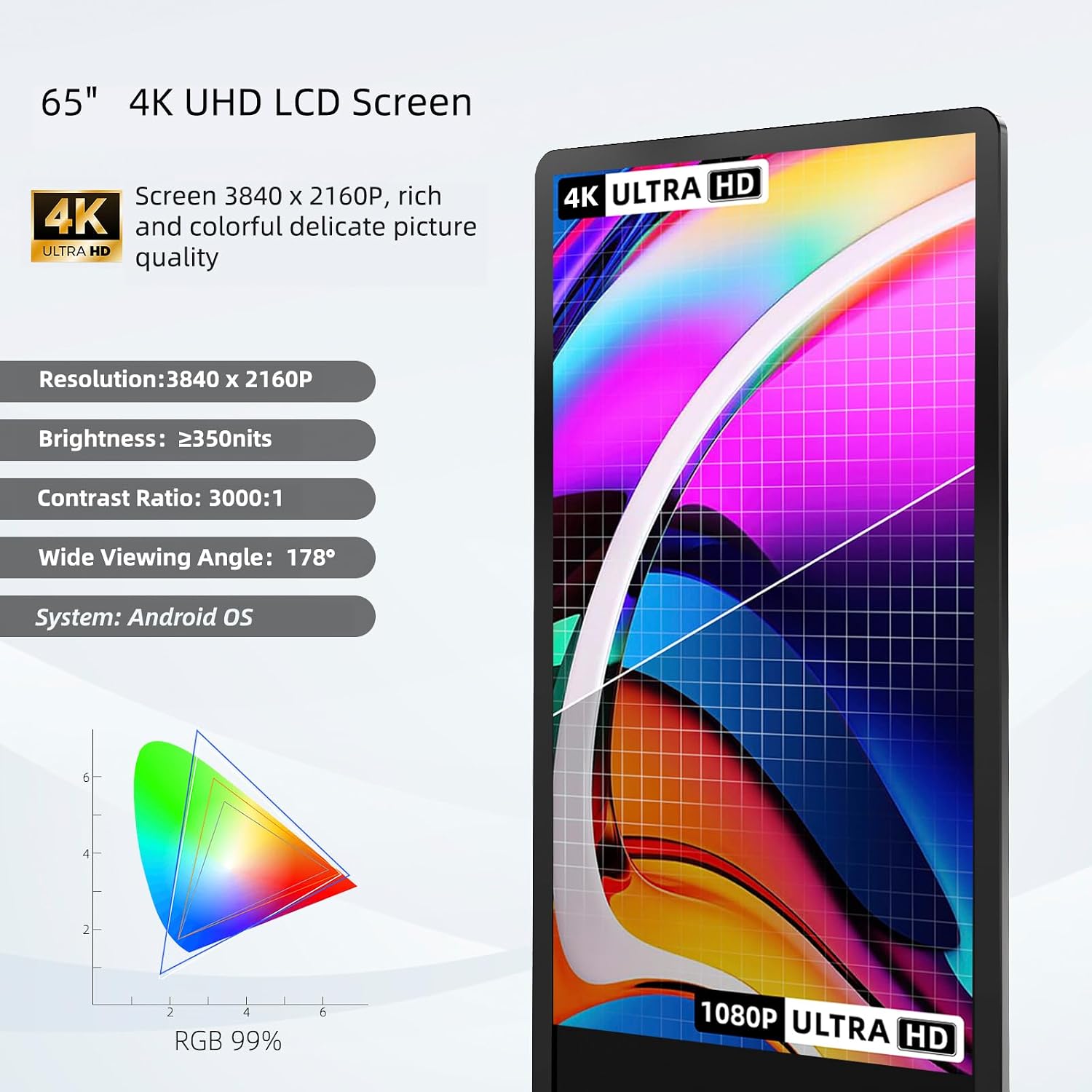 32/43/55/65 Inch Digital Signage Display, LCD Screen Advertising Display Kiosk Interactive Totem Floor Standing Auto AD Player with USB/HDMI/WiFi Android OS (65'' Touch Screen)
