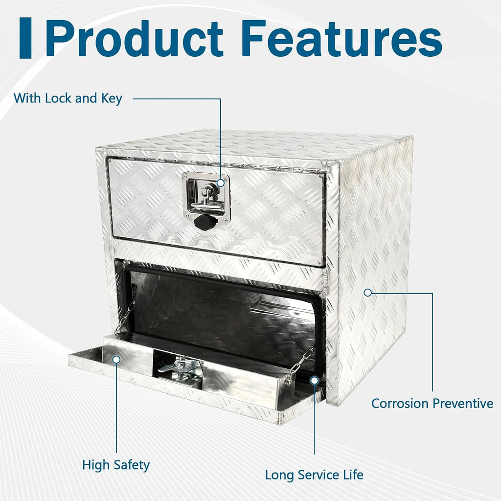 24'' Inch Silver Aluminum Underbody Truck Box w/Drawer & Lock T-Handle Latch Key 24 x 18 x 20 Inch Truck Tool Box Job Box For Storage & Organization