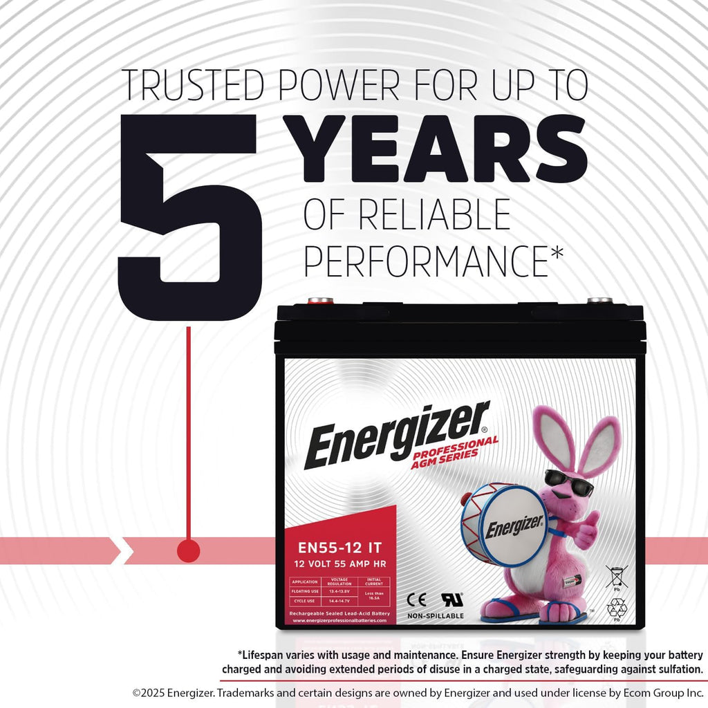 Energizer EN55-12IT - 2 PACK - 12 Volt 55 Amp Hr, Long Lasting Sealed Lead Acid AGM Rechargeable Battery Ideal For Use In Electric Scooters, Wheelchairs, Emergency Lighting, Backup Power, and more