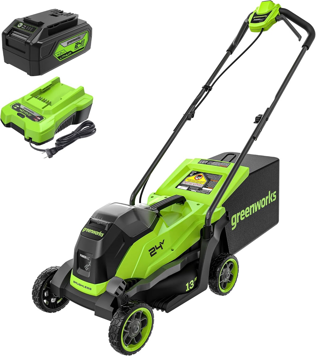 Greenworks 24V 13' Brushless (Push) Cordless Lawn Mower, 4.0Ah Battery and Charger