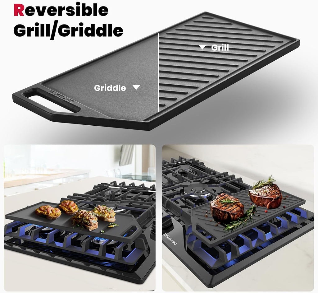 GASLAND Gas Cooktop 36 Inch with Griddle, PRO GH3365EF 5 Burner Propane Stovetop with Reversible Cast Iron Grill/Griddle, Gas Countertop Plug-in, NG/LPG Convertible Cooktops, Black