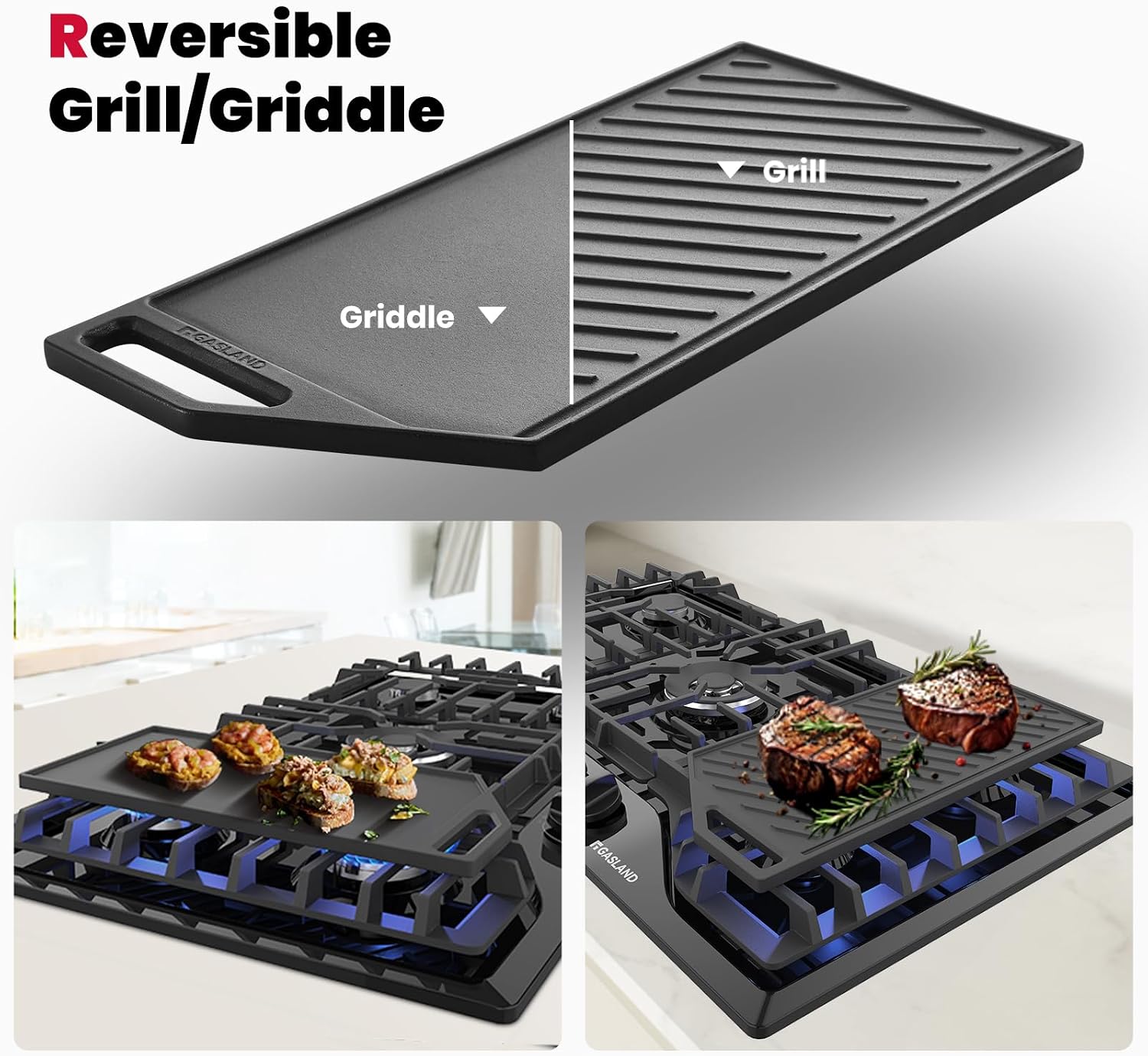 GASLAND Gas Cooktop 36 Inch with Griddle, PRO GH3365EF 5 Burner Propane Stovetop with Reversible Cast Iron Grill/Griddle, Gas Countertop Plug-in, NG/LPG Convertible Cooktops, Black
