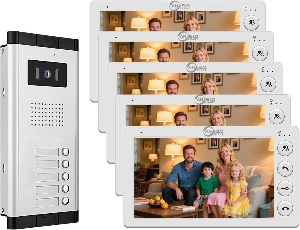 Wired Video Apartment Intercom System,2/3/4/5/6/8/10/12 Units Family 7 inch Monitor Video Door Phone Kit,Indoor Outdoor Video Doorbell,2 Way Audio for Home (1 Doorbell + 5 Monitor)